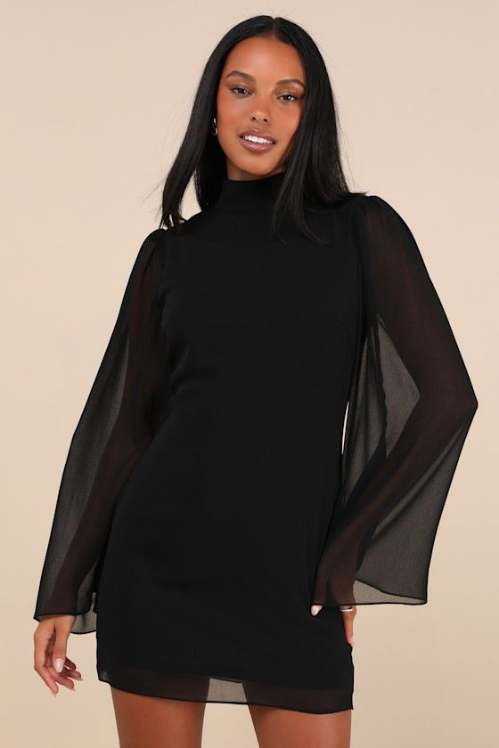 We promise that everyone will be obsessed with the flawlessness of the Lulus Guaranteed Chicness Black Mock Neck Mini Dress! Lightweight woven chiffon shapes this cute and elegant dress that features semi-sheer, bell-style long sleeves with gathering at the shoulders and a classy mock neck (that secures with bottom-loop closures at the back). The figure-skimming, fit-and-flare silhouette falls to a breezy mini hem. Keyhole cutout and hidden zipper/clasp at back. Fit: This garment fits true to si Mock Neck Mini Dress, Black Mock Neck, Stretch Dress, Cutout Dress, Cup Size, Dress 100, Large Size Dresses, Elegant Dress, Bell Sleeve