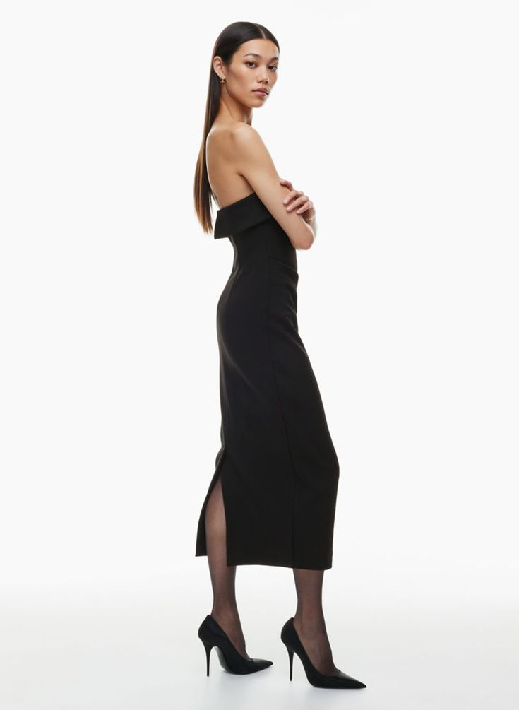 This is a lined strapless dress designed for a slim fit. It's cut from structured, subtly textured crepe that has a touch of stretch for shape retention and hold. Invisible back zip Back vent for ease of movement Stretch Lined Midi Dress For Evening, Stretch Evening Midi Dress Lined, Fitted Midi Strapless Dress For Dinner, Chic Strapless Dress With Straight Neckline For Formal Events, Fitted Midi Length Strapless Dress For Dinner, Fitted Strapless Midi Dress For Dinner, Strapless Lined Bodycon Dress, Strapless Bodycon Lined Dress, Strapless Bodycon Bandage Dress For Formal Events