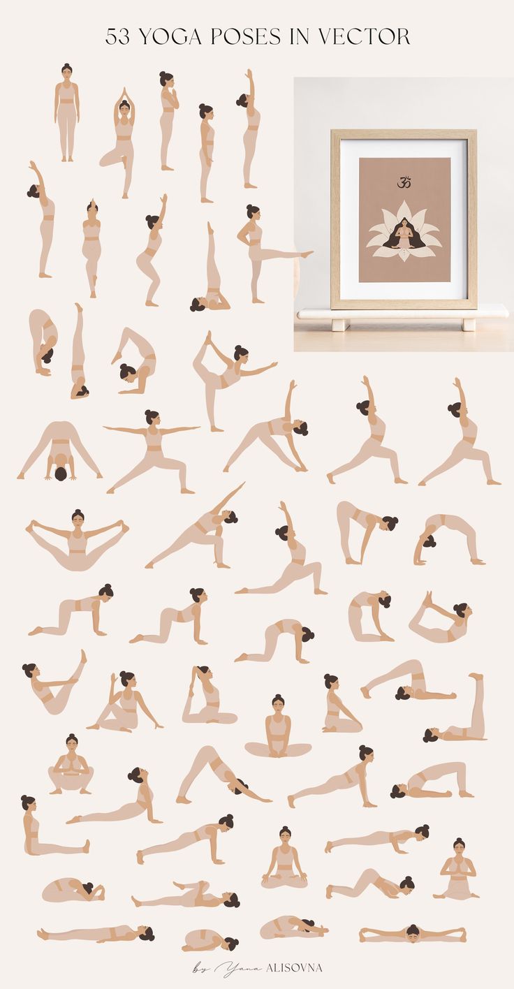 a woman doing yoga poses in front of a white wall with an image of a man and