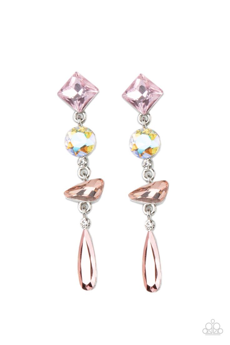 Rock Candy Elegance -Pink Iridescent Earrings - Paparazzi A mismatched collection of colorfully iridescent and brilliantly sparkling gems are linked together in elegant succession as they fall glamorously from the ear. Earring attaches to a standard post fitting. Sold as one pair of post-earrings. Order Date: 10/25/2021 Pink Earring, Pink Iridescent, Brass Hoop Earrings, Gem Earrings, Rock Candy, Jewelry Images, Paparazzi Accessories, Boutique Accessories, Chic Jewelry