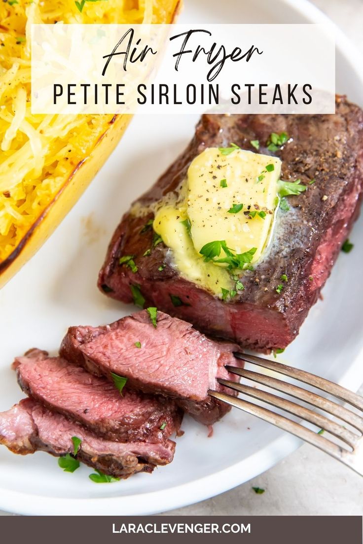 steak on a plate with parmesan cheese and french fries in the background text overlay says, all frozen petite sirloin steaks