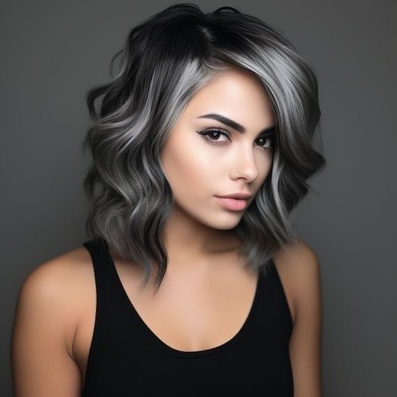 Grey Hair Around The Face, Hair Looks For Prom Medium Hair, Smokey Silver Gray Hair, Black And Smokey Grey Hair, Blending Grays Into Black Hair, Blending In Greys In Dark Brown Hair, Grey Hair Trend, Black And Grey Long Hair, Shades Of Grey Hair Color Highlights