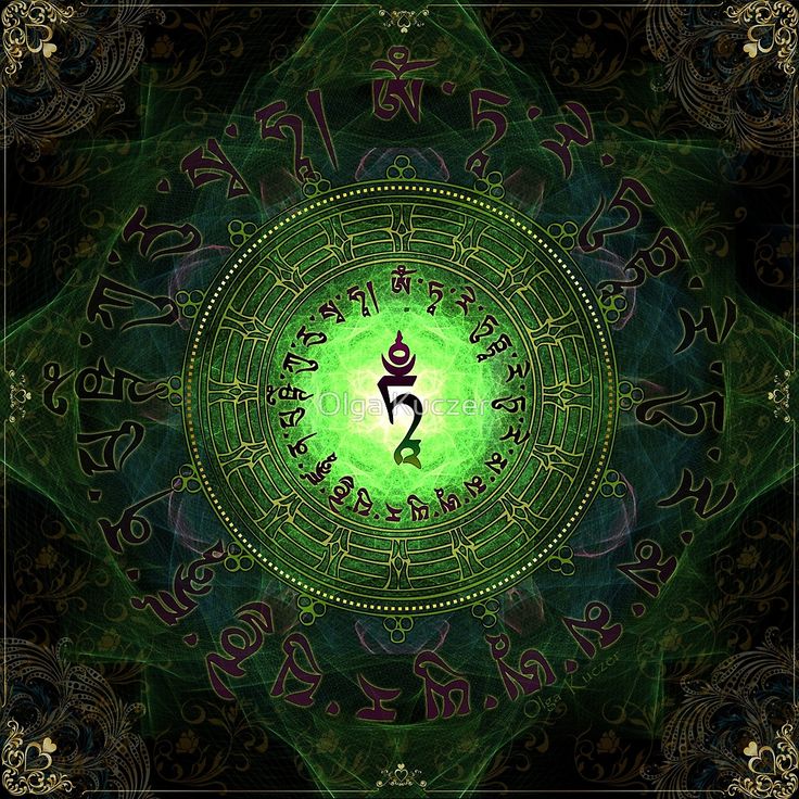 a green and black circular design with the word om shan in it's center