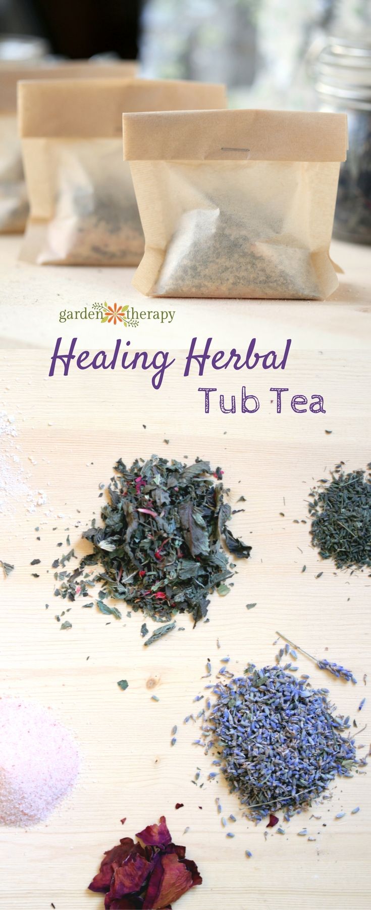 various herbs and teas on a table with the words, healing herb tub tea