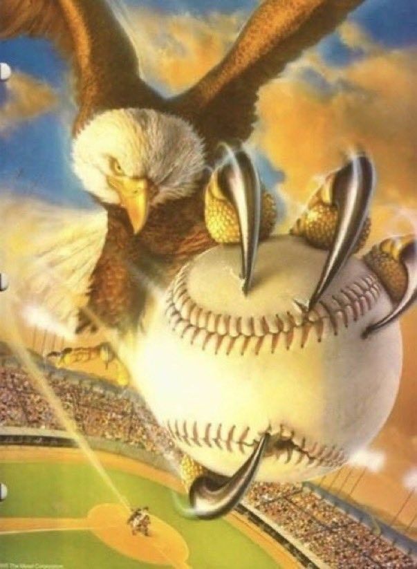 an eagle flying over a baseball on top of a field with the sky in the background