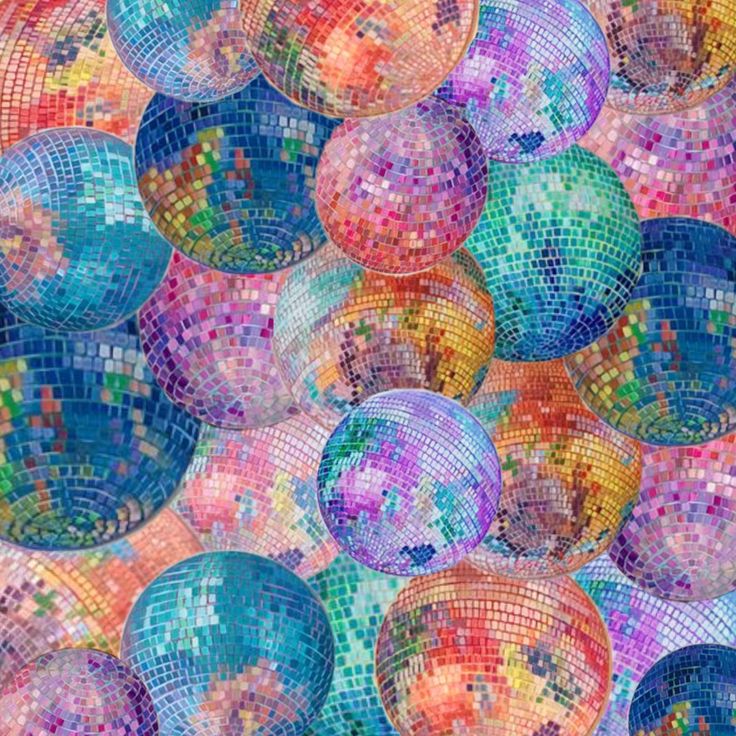 many colorful disco balls are arranged together