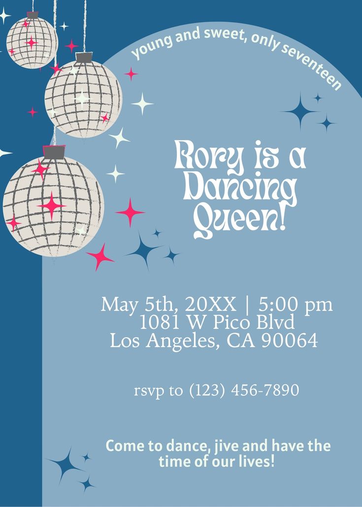 a blue and white flyer for a dance party with three disco balls hanging from the ceiling