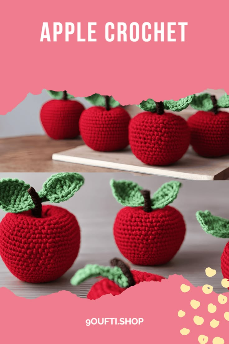 crocheted apples with green leaves on them and the words apple crochet