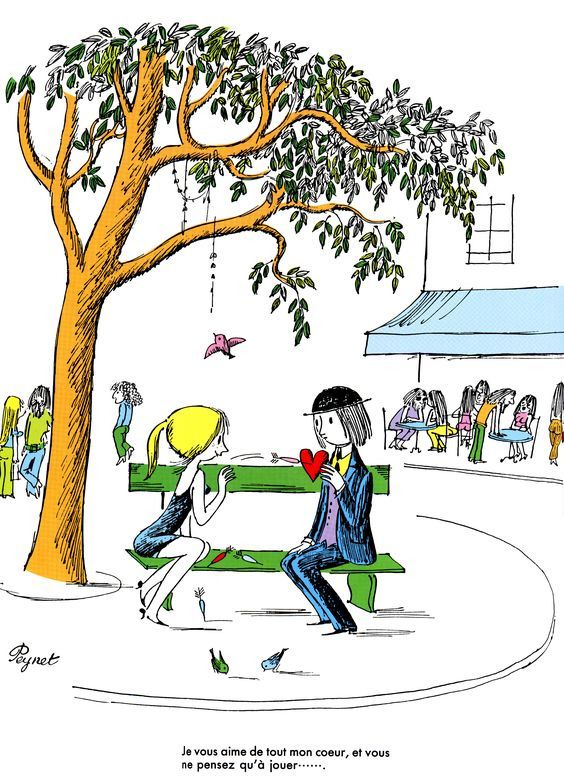 a man and woman sitting on a bench under a tree, talking to each other