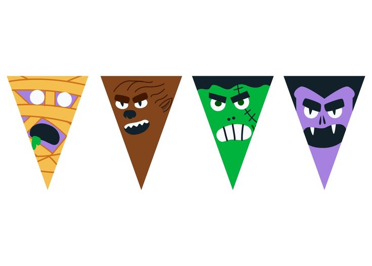 five different colored halloween pennants with faces on them