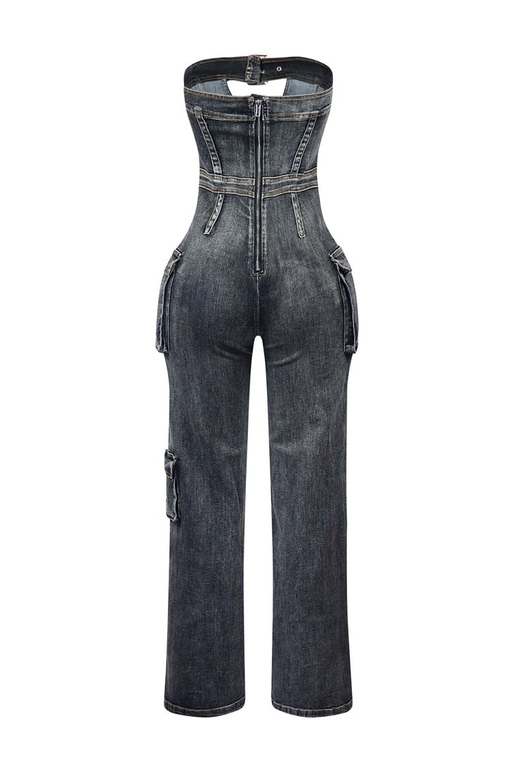 Washed denim tube jumpsuit featuring cutout with snap button detail and cargo pockets Wide leg fit Inseam 32"(S) Back zipper closure We recommend wearing pasties or no bra with this garment Runs true to size High Rise Denim Jumpsuit With Pockets In Utility Style, High Waist Fitted Utility Jumpsuits And Rompers, Fitted High Waist Utility Jumpsuits And Rompers, Casual Fitted Jumpsuits And Rompers With Multiple Pockets, Fitted Casual Jumpsuits And Rompers With Multiple Pockets, Fitted High-waist Strapless Jumpsuit With Pockets, Fitted High Waist Strapless Jumpsuit With Pockets, Utility Denim Overall With Cargo Pockets, Fitted High Waist Denim Jumpsuit In Utility Style