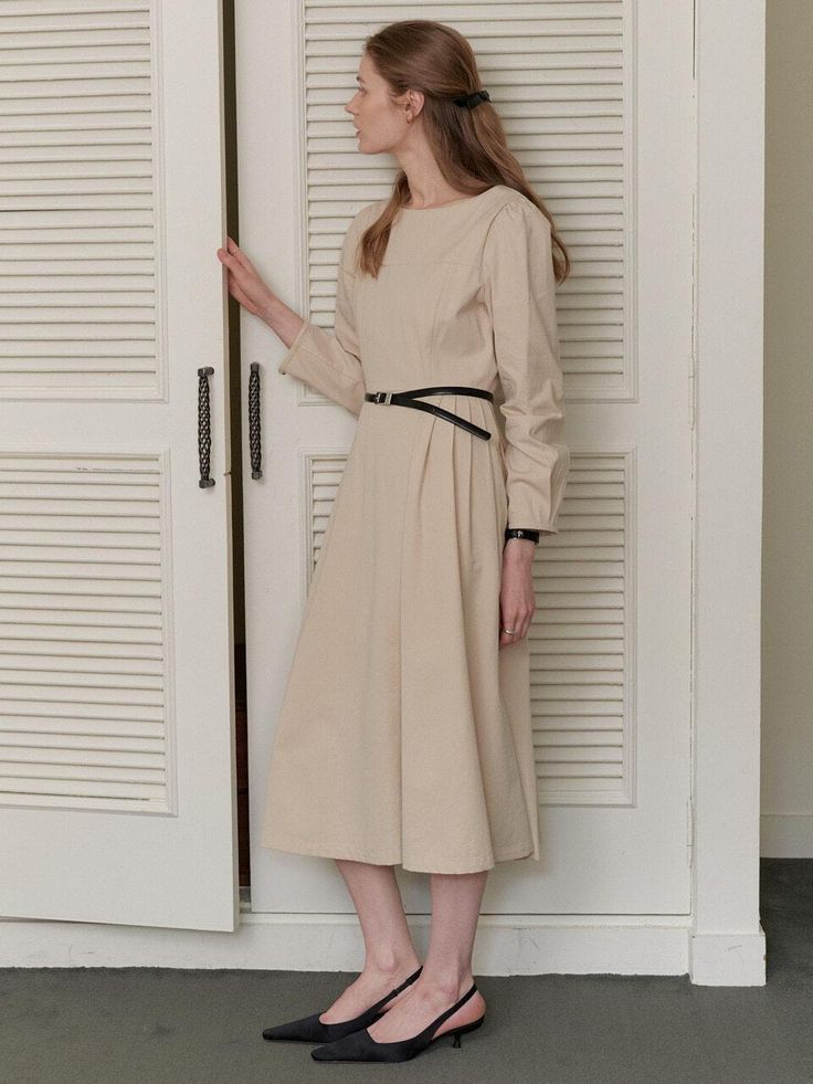 This is a minimal and feminine dress by AMONG that is made out of high quality and sturdy material. With distinctive mood of the design and comfortable wear, you can style it for your casual daily outfit.- Boat neckline and long sleeves- Pleats detail on side waist- Minimal and feminine mood Beige Long Sleeve Midi Dress, Classic Beige Midi Dress For Fall, Casual A-line Long Sleeve Dress For Work, Neutral Midi Dress For Spring Workwear, Beige Midi-length Long Sleeve Dress For Spring, Casual Long Sleeve Midi Dress For Work, Beige Midi Length Long Sleeve Dress For Spring, Beige Long Sleeve Midi Dress For Spring, Neutral Long Sleeve Dresses For Work