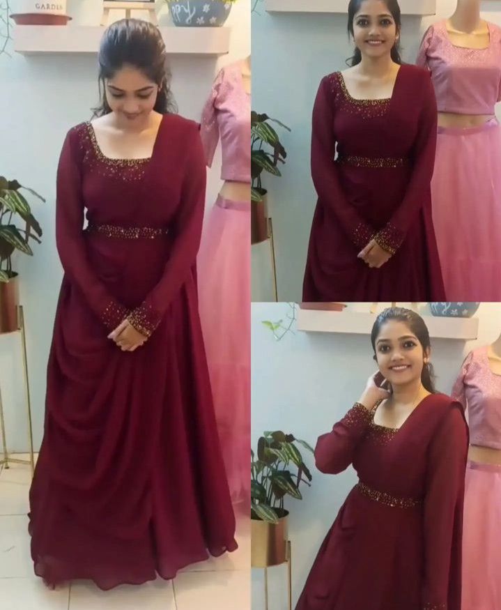 Gawan Dress Designs, Engagement Outfit Ideas Indian Women, Long Frock For Reception, Aari Work Gown Design, Latest Dresses Indian Party Wear, Latest Saree Gown Designs, Reception Dress Indian, Long Frock Models, Kerala Engagement Dress