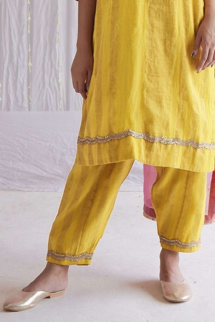 Collar Kurta, Yellow Kurta, Embroidery Border, Marigold Yellow, Plain Dress, Band Collar, Floral Motifs, Set For Women, Festival Wear