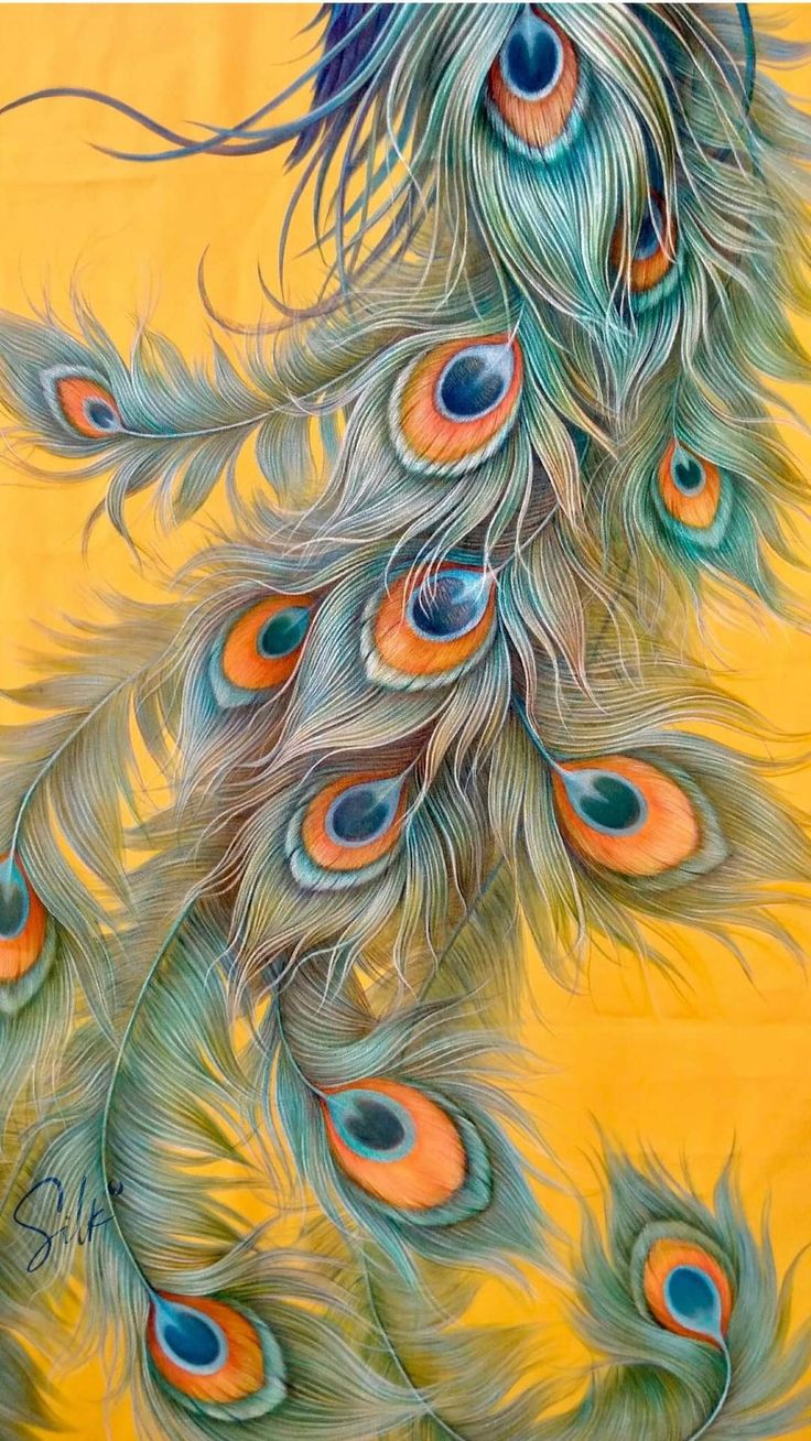 a painting of peacock feathers on a yellow background