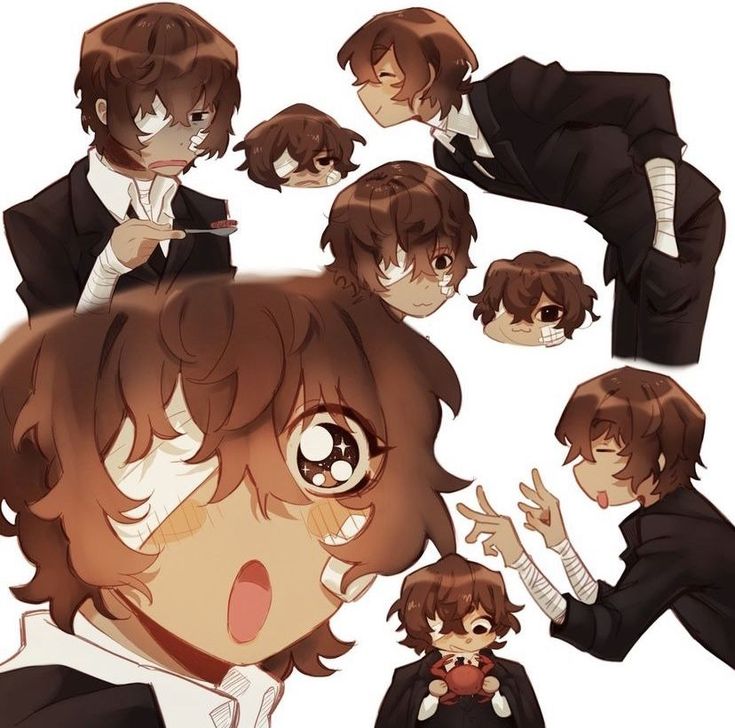 an anime character with many different expressions on his face and shoulders, all in black suits