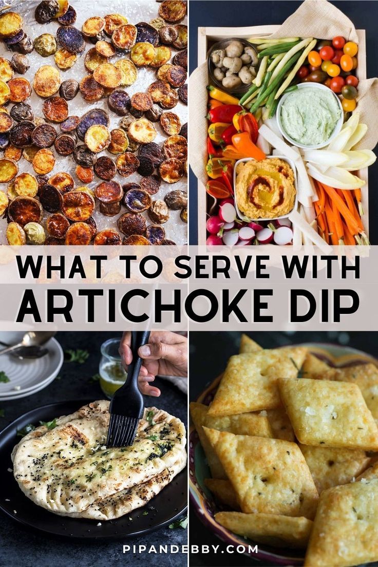 Pinterest 4 picture collage for what to serve with artichoke dip. Hot Artichoke Dip, Cold Dip Recipes, Bread Bowl Recipe, How To Cook Artichoke, Oven Roasted Sweet Potatoes, Slow Cooker Appetizers, Delicious Dips Recipes, Artichoke Dip Recipe, Saturday Brunch