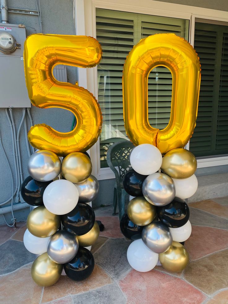 Balloon columns 
50th birthday Balloon Decor For Anniversary, 50th Balloon Decorations Men, 50th Birthday Balloon Columns, 50 Balloon Arch, 40 Birthday Balloon Ideas, 50 Balloons Number, 50th Birthday Balloons For Men, 50th Balloon Arch, 50th Birthday Color Scheme