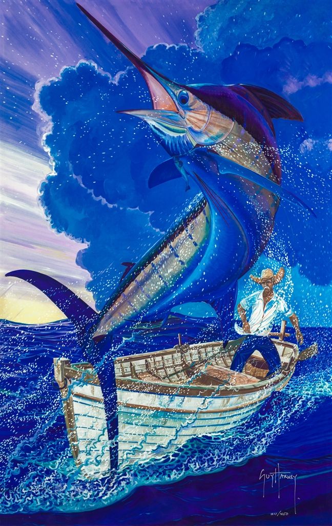 a painting of a man in a boat with a marlin fish on it's tail