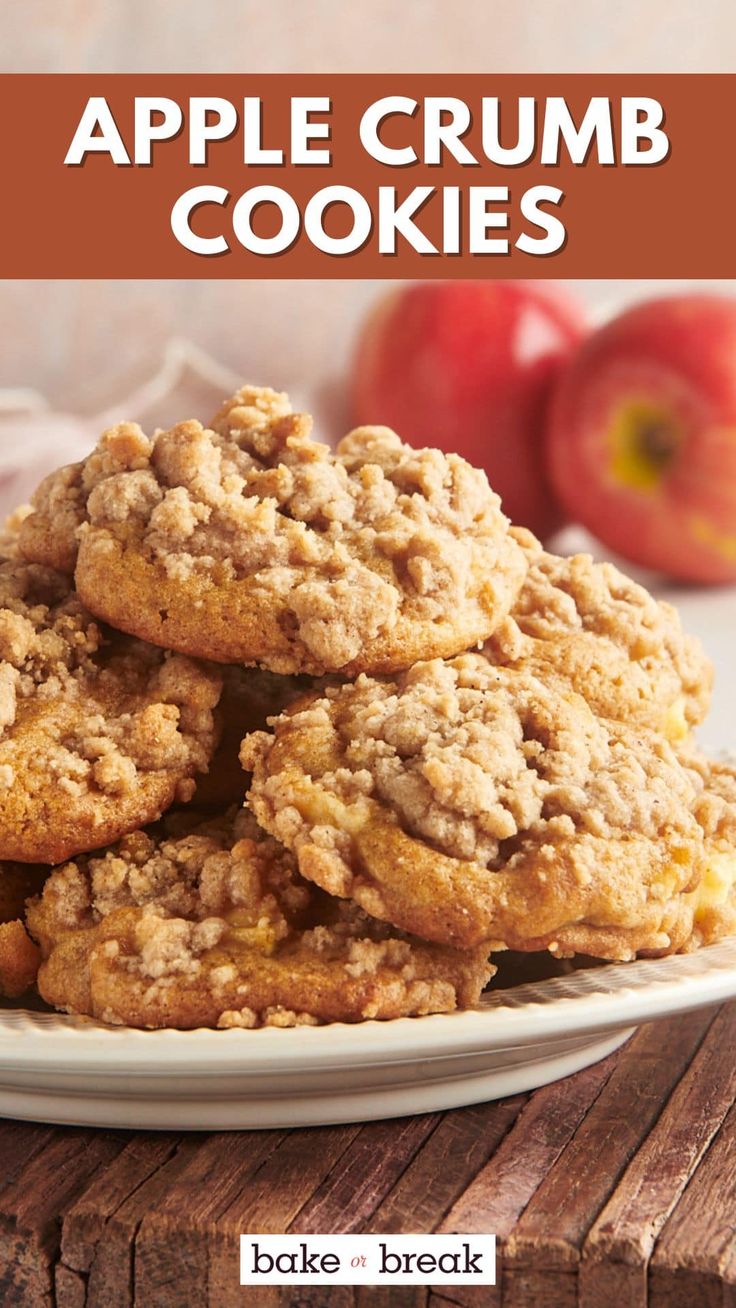 apple crumb cookies on a plate with apples in the background and text overlay