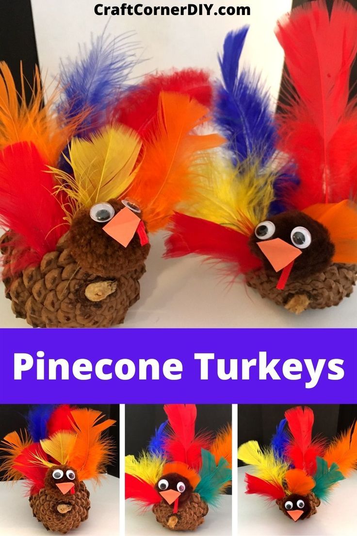 pinecone turkeys made out of pine cones with colorful feathers and eyes on them