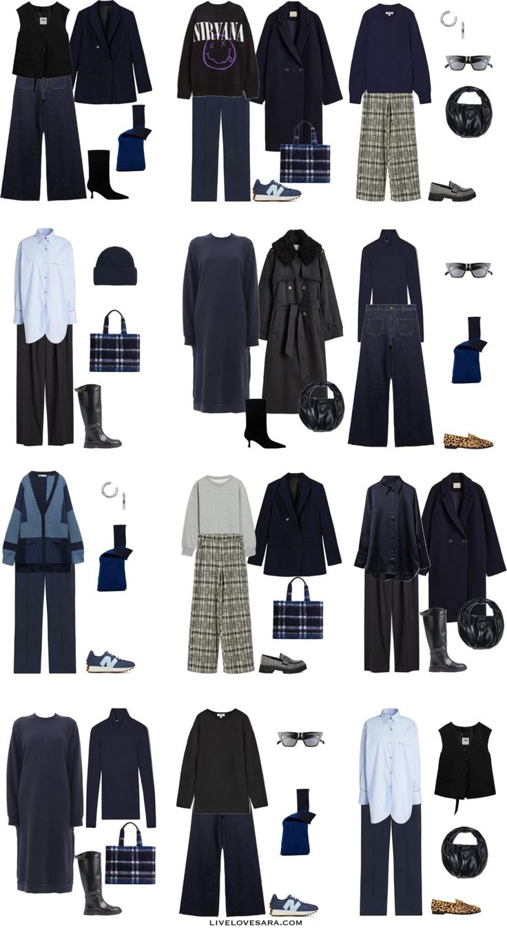 Navy Black Outfit, Navy Blue Capsule Wardrobe, Navy Blue And Black Outfits, Blue And Black Outfits, Black And Navy Outfit, Navy And Black Outfit, Blue Capsule Wardrobe, Navy Blue Outfits, Navy Capsule Wardrobe