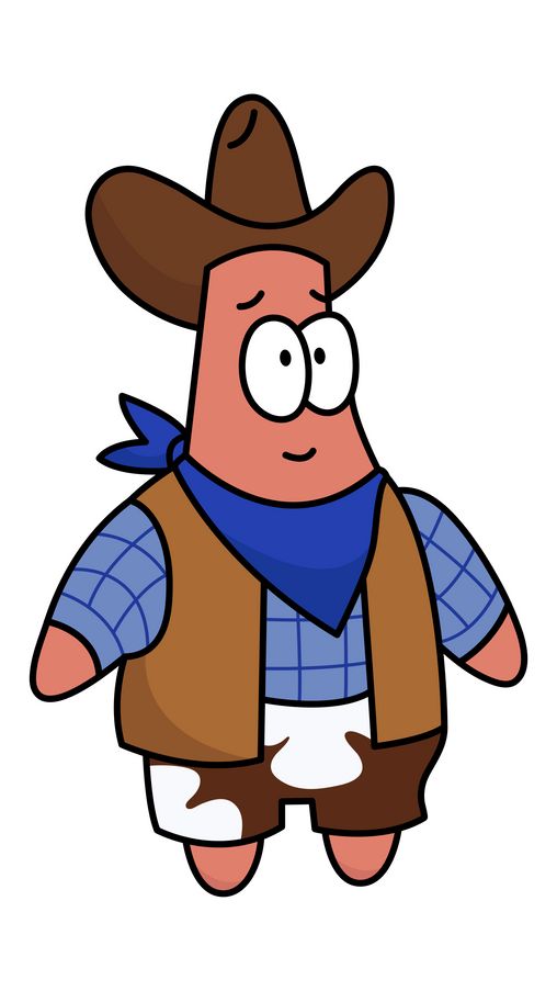 a cartoon character wearing a cowboy hat, scarf and boots with his hands in the pockets