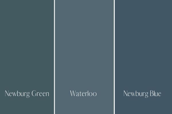 three different shades of blue and gray with the words newburg green, waterfoo,