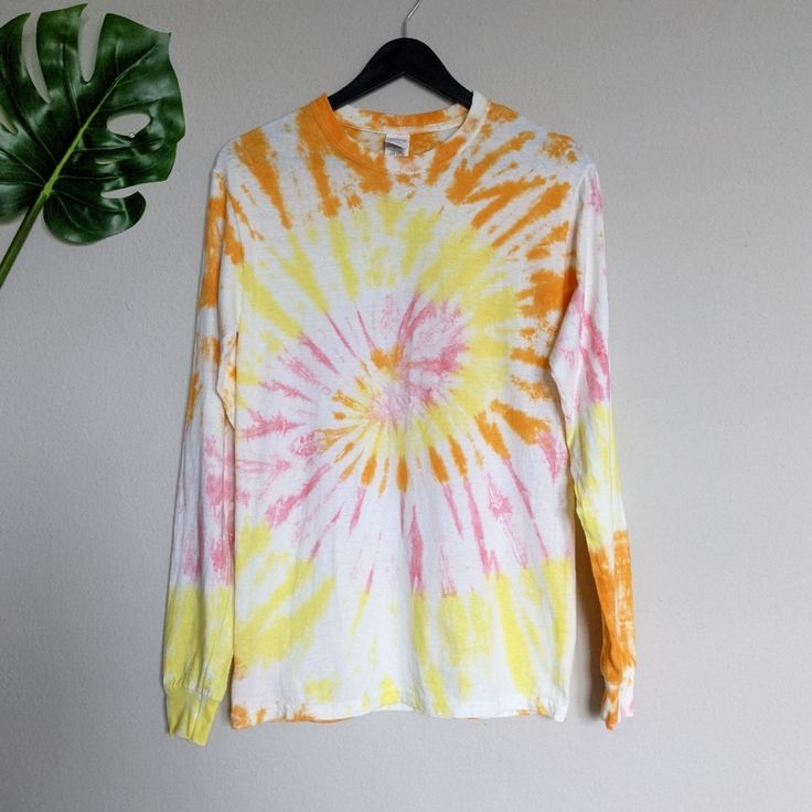 Tie Dye Long Sleeve T-Shirt Unisex Sizing Hand Dyed In Pcb, Florida Has Stretch Preshrunk 100% Cotton 18.5" Pit To Pit | 28" Long 024 Yellow Soft-washed Crew Neck Top, Yellow Relaxed Fit Long Sleeve T-shirt, Yellow Soft-washed Relaxed Fit T-shirt, Yellow Relaxed Fit Soft-washed T-shirt, Yellow Long Sleeve T-shirt For Spring, Relaxed Fit Yellow Soft-washed Tops, Yellow Soft-washed Relaxed Fit Top, Yellow Soft-washed Top With Relaxed Fit, Relaxed Fit Soft-washed Yellow Tops