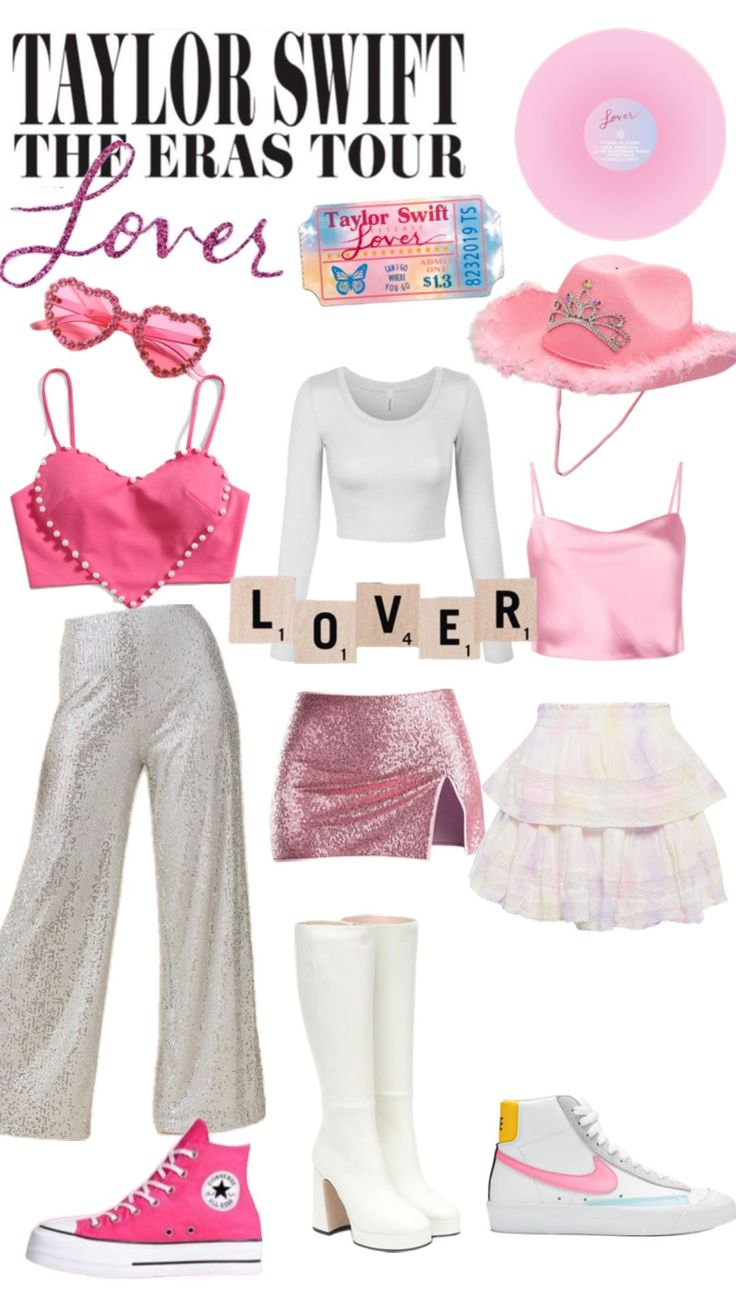 taylor swift the eras tour love lover outfit and boots, with text that reads taylor swift the eras tour love lover