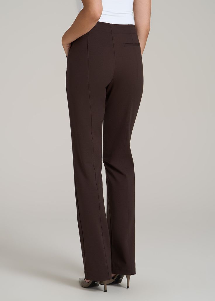 About Our Slacks for Tall Women The search for extra-long women's dress pants is over. Whether you're meeting clients to close a deal or walking into a big job interview, you need an outfit that's going to make you look good and feel confident. Finding options when you're vertically blessed can be tough, which is why we designed this pair of slacks for tall women between 5'9” and 6'6”. They have an extra-long inseam with a turn-up hem, a slim straight fit that will flatter your long legs and a h Sleek 4-way Stretch Straight Dress Pants, Solid 4-way Stretch Straight Leg Dress Pants, Straight Dress Pants With Welt Pockets And 4-way Stretch, Brown Cotton Straight-leg Bottoms, Pants For Tall Women, Black 4-way Stretch Straight Dress Pants, Straight Leg Dress Pants, Women's Dress Pants, Scrubs Dress