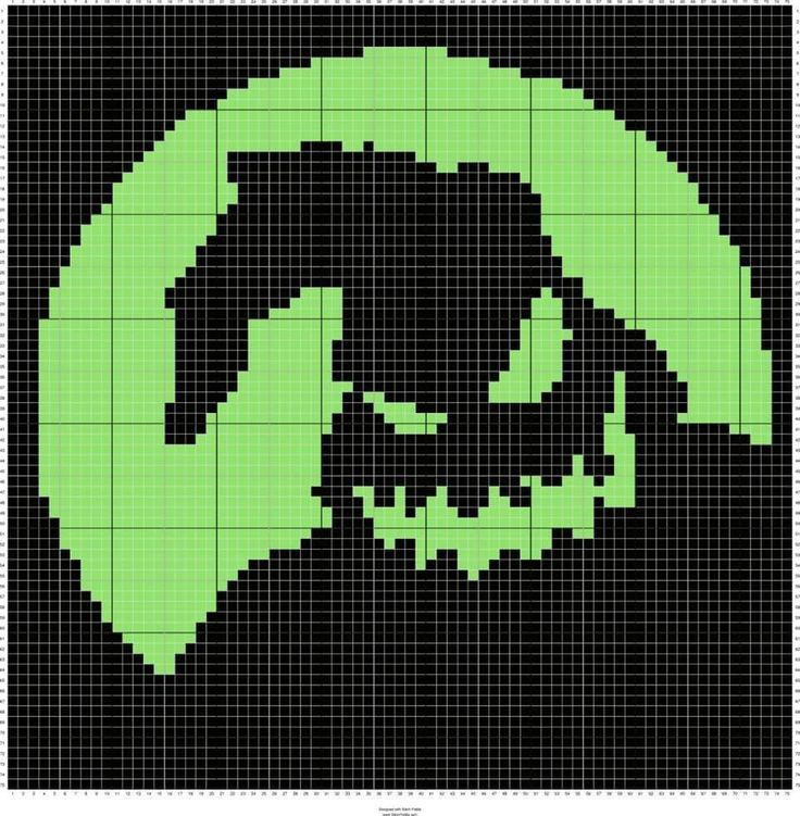 a cross stitch pattern with a skull in the middle and a green circle around it