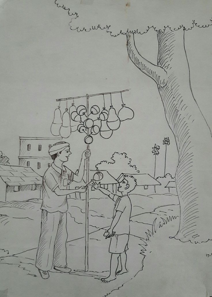 a drawing of two people standing next to a tree with balloons hanging from it's branches