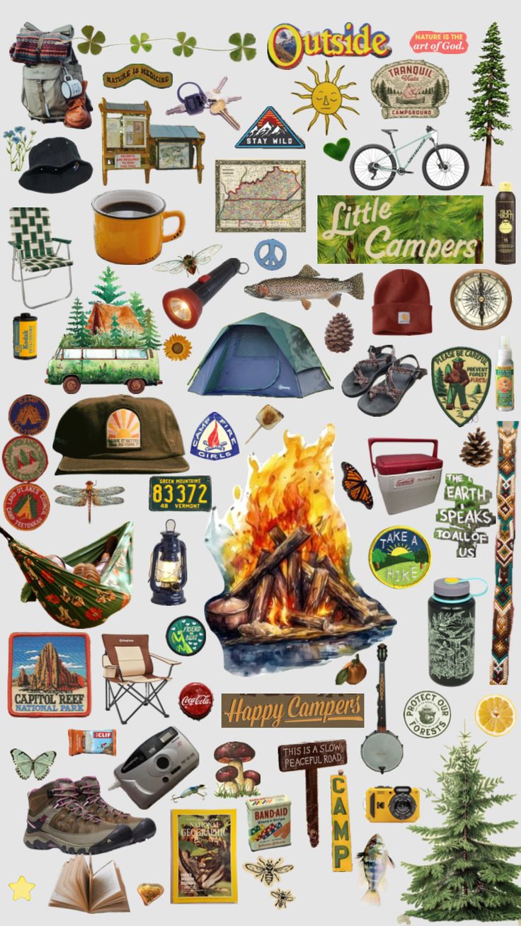 a collage of camping related items including campfire, tents and trees is shown in this illustration