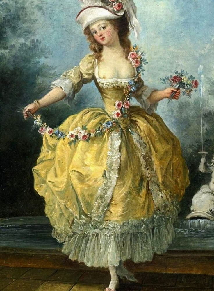 a painting of a woman in a yellow dress and white hat with flowers around her waist