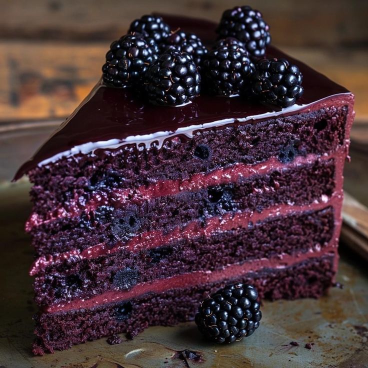 a slice of red velvet cake with blackberries on top