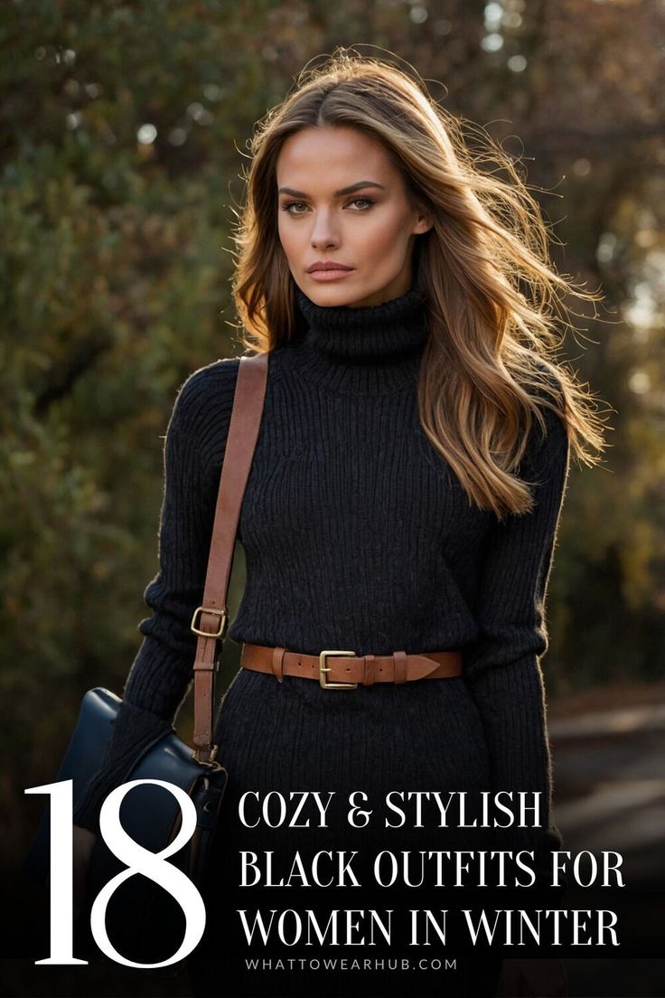 Look amazing in these 18 cozy and stylish black outfits for winter! Find outfit ideas to elevate your winter wardrobe with chic, timeless looks that suit any occasion. Perfect for keeping warm while looking fabulous! #WinterFashion #ChicBlack #CozyWinterLooks Black Ribbed Shirt Outfit, Black Wool Jacket Outfit, Winter Outfits Black Pants, Black Outfits For Winter, Black Cashmere Sweater Outfit, Winter Black Outfits, Winter All Black Outfit, Black Pants Outfit Winter, Navy And Black Outfit