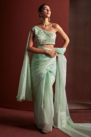 Mint green pre-draped organza saree in an ombre shaded base. Comes with padded pitta embroidered attached dupatta blouse and petticoat. - Aza Fashions Green Pre-draped Saree For Wedding, Green Silk Pre-draped Saree, Green Georgette Draped Saree, Evening Green Blouse Piece With Sheer Dupatta, Green Pre-draped Saree With Sheer Dupatta For Evening, Green Pre-draped Saree For Reception, Green Blouse Piece For Evening With Traditional Drape, Green Draped Silk Sets, Green Draped Saree For Wedding