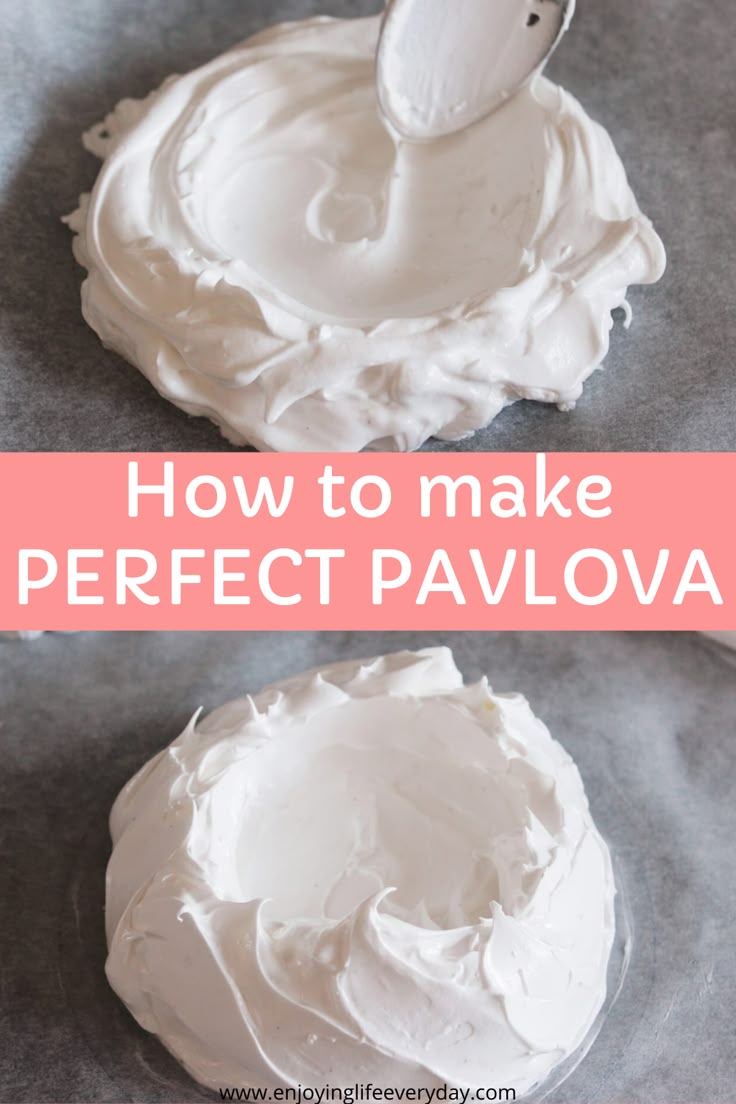 how to make perfect pavlova frosting with a spoon in it and the words, how to make perfect pavlova