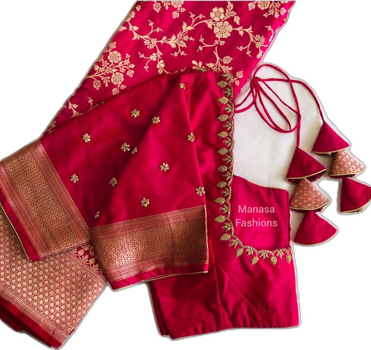 Simple Red Blouse Designs For Saree, Simple Blouse Work Designs For Silk Sarees, Work Vala Blouses, Green Saree Red Blouse Designs, Pink And Blue Maggam Work Blouse, Simple Designs For Blouse Work, Mom Blouse Designs, New Pattu Blouse Designs, Simple Work On Blouse Designs