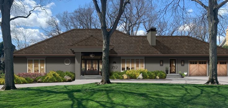 this is an artist's rendering of a house in the woods with lots of trees