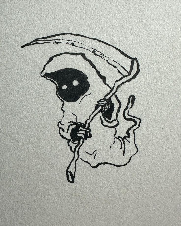 a black and white drawing of a skull with an umbrella on it's head