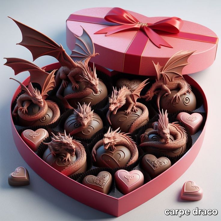 a heart shaped box filled with chocolates in the shape of dragon heads and hearts