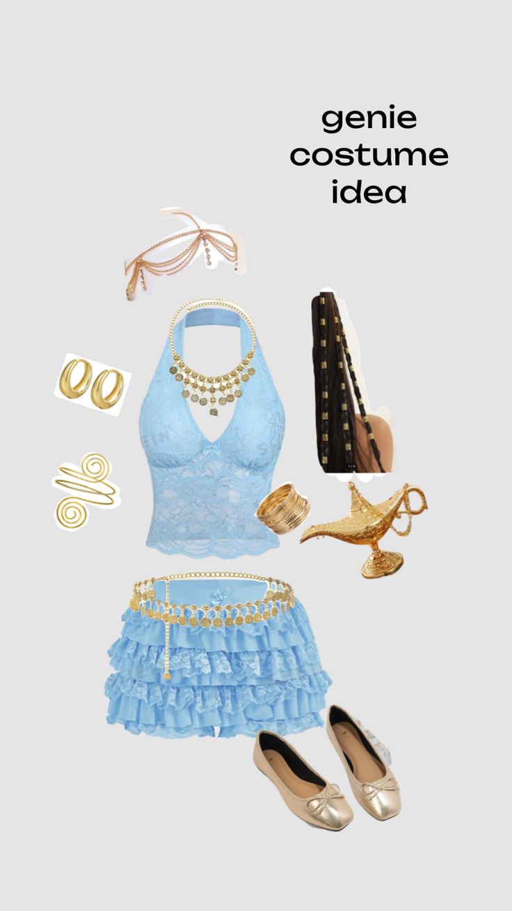 a woman's outfit and accessories are arranged in the shape of a dress, shoes, purses, bracelets, necklaces and other items