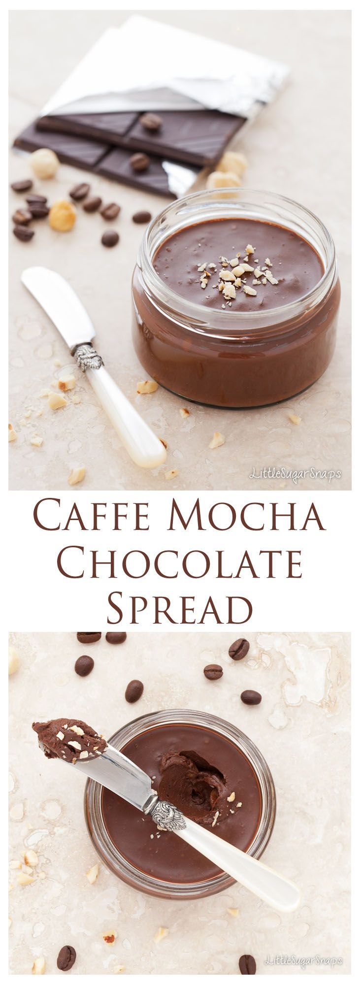 chocolate spread in a glass jar with spoons next to it and the words cafe mocha chocolate spread