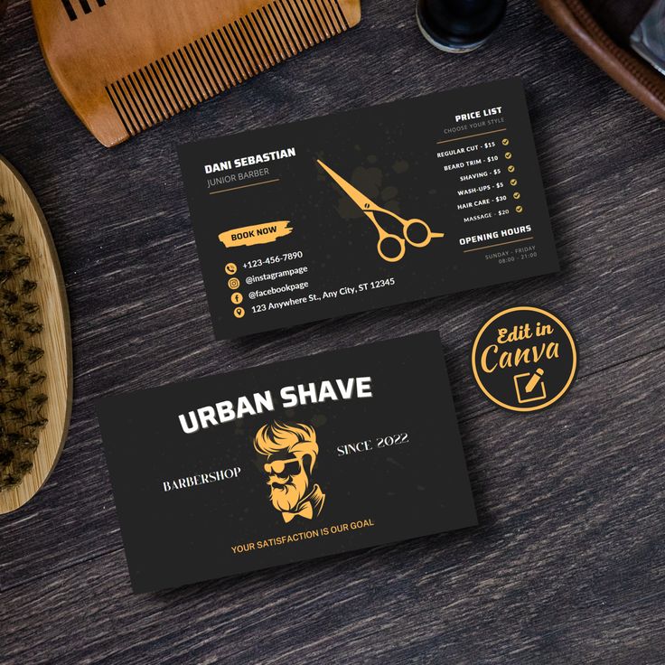 the business card is designed to look like an urban shave shop