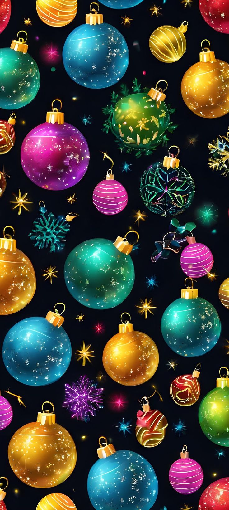 an image of christmas balls and stars on a black background for wallpaper or fabric