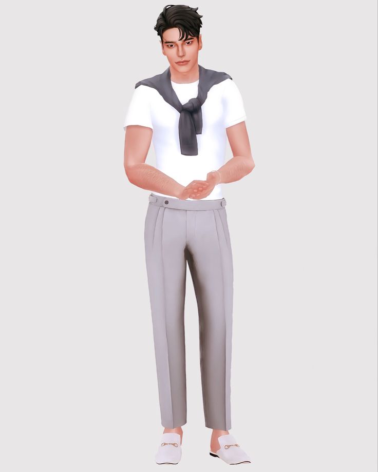 an animated man with his hands in his pockets, wearing a white shirt and gray pants