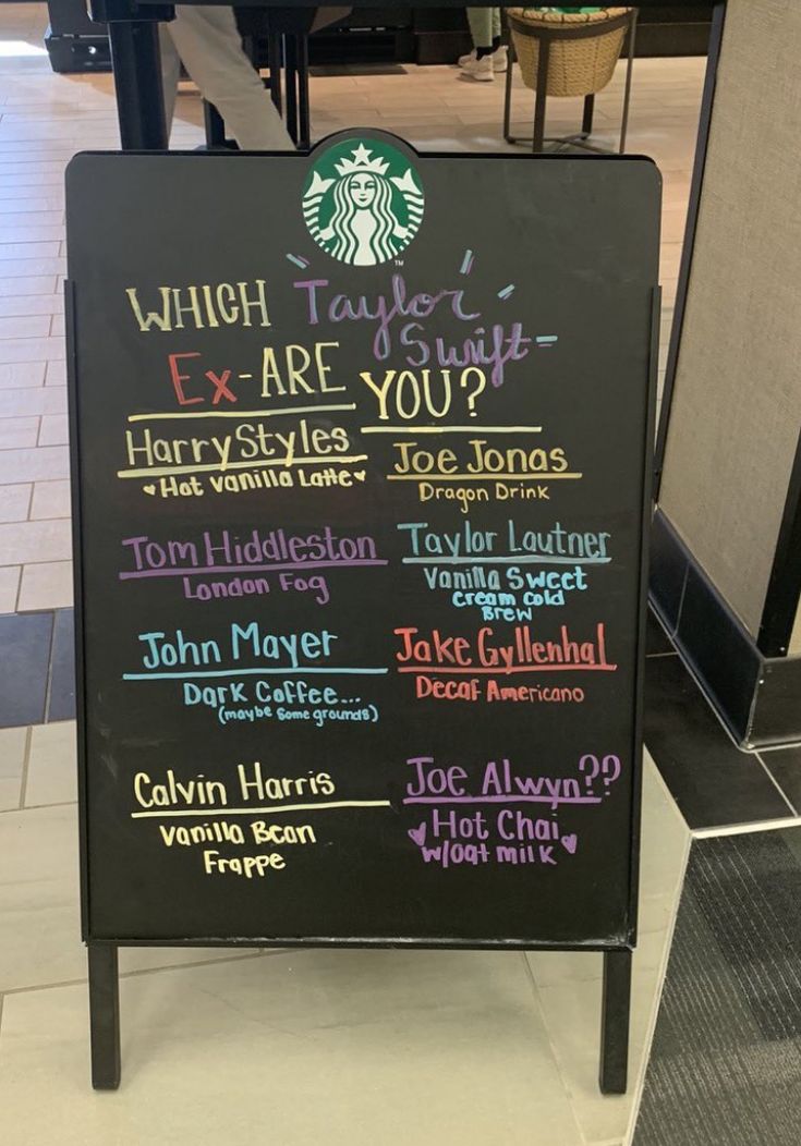 a menu board with the names of starbucks's coffee shops and their locations on it