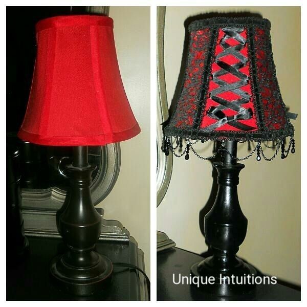 a lamp that is next to a mirror with a red shade on it and another photo of the same lamp